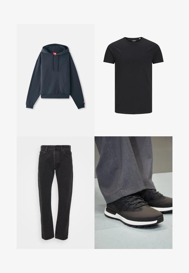 Marineblå hættetrøje lavet af blødt stof, har en kengurulomme, ribbede manchetter og et logomærke på forsiden.; Sort bomulds T-shirt med rund hals, korte ærmer og et enkelt design. Glat tekstur, ingen mønstre eller synligt tilbehør.; Herre sorte lige ben denim jeans med frontknap og lynlås, fem lommer og bæltestropper på en ensfarvet hvid baggrund.; Sorte atletiske sko med tekstureret overdel, snørelukning og hvid mellemsål. Båret med grå cropped bukser, stående på et splattet gulv.