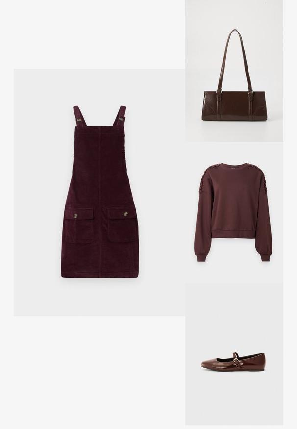 Brun sweatshirt med lange ærmer, rund halsudskæring og tekstureret dekoration på skuldrene. Ribbet manchetter og kant. Blødt stof.; Fløjlskjole i dyb burgunder, med justerbare stropper, forlommer med metalbeslag og en tætsiddende pasform. Tekstureret stof.; Brun patentlæder balletflade med firkantet tå og strop med en lille guldbuckle. Glat tekstur, lav hæl og minimalistisk design.; Brun lakeret håndtaske med rektangulær form, to lange håndtag og subtile buede detaljer på fronten.