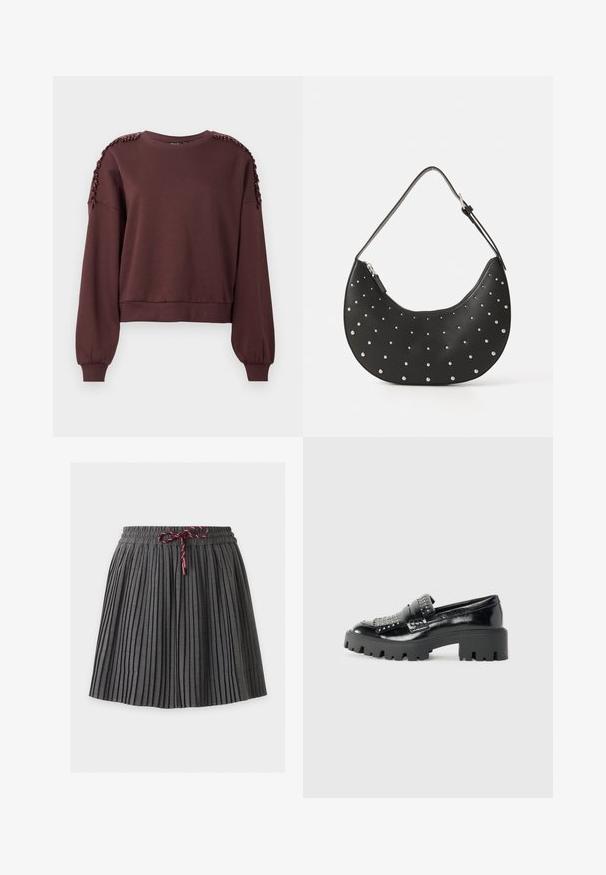Sweatshirt marron à manches longues, col rond et décoration texturée aux épaules. Poignets et ourlet côtelés. Tissu doux.; Jupe plissée gris foncé avec une taille élastique et un cordon bordeaux noué au centre devant.; Mocassins en cuir verni noir avec une semelle plateforme noire épaisse, ornés de clous métalliques sur le devant et d'un design à bout rond.; Sac à main en cuir noir avec une forme arrondie, orné de clous en argent, doté d'une fermeture éclair et d'une seule sangle ajustable.