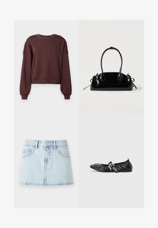 Brun sweatshirt med lange ærmer, rund halsudskæring og tekstureret dekoration på skuldrene. Ribbet manchetter og kant. Blødt stof.; Lyseblå denim-mini nederdel med frontknap, bælteløkker og forlommer, vist på en hvid baggrund.; Sorte læder flade sko med spids tå, samling detaljer omkring åbningen, og en sølv spænde accent på den justerbare rem.; Lille sort blank håndtaske med to lange håndtag og snøre-detaljer i siden på en ensfarvet lys baggrund.
