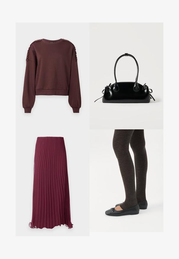 Sweatshirt marron à manches longues, col rond et décoration texturée aux épaules. Poignets et ourlet côtelés. Tissu doux.; Jupe plissée longue bordeaux en tissu léger avec une taille élastique et un ourlet légèrement ondulé. Plis verticaux texturés sur toute la surface.; Jambes portant des leggings côtelés foncés associés à des ballerines noires avec de petits détails en nœud sur fond blanc.; Petit sac à main noir brillant avec deux longues anses et des détails à cordon sur les côtés sur un fond clair uni.