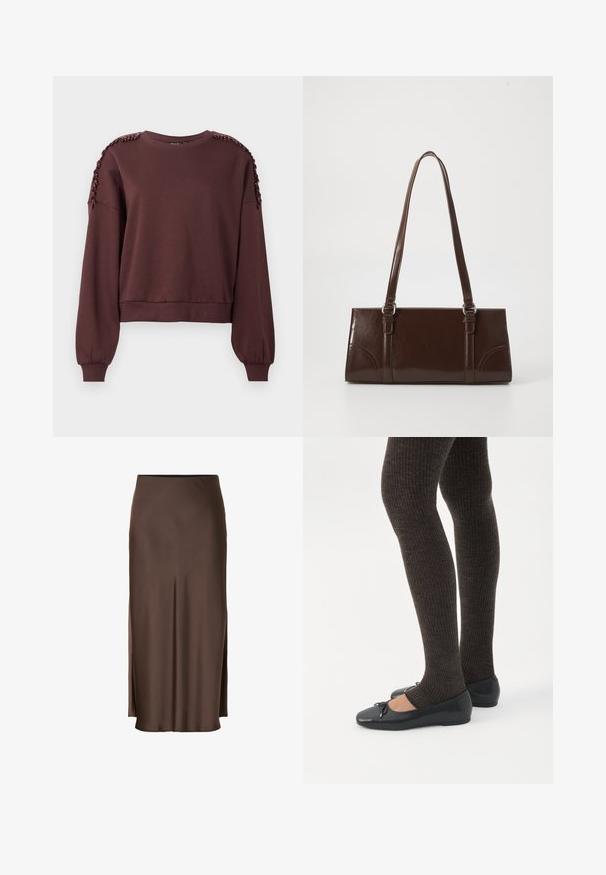 Brun sweatshirt med lange ærmer, rund halsudskæring og tekstureret dekoration på skuldrene. Ribbet manchetter og kant. Blødt stof.; Brun satin nederdel med et lige design, der har sideslids for let bevægelse og en glat tekstur gennem stoffet.; Ben iført mørke ribbede leggings kombineret med sorte balletsko med små sløjfedetaljer på hvid baggrund.; Brun lakeret håndtaske med rektangulær form, to lange håndtag og subtile buede detaljer på fronten.