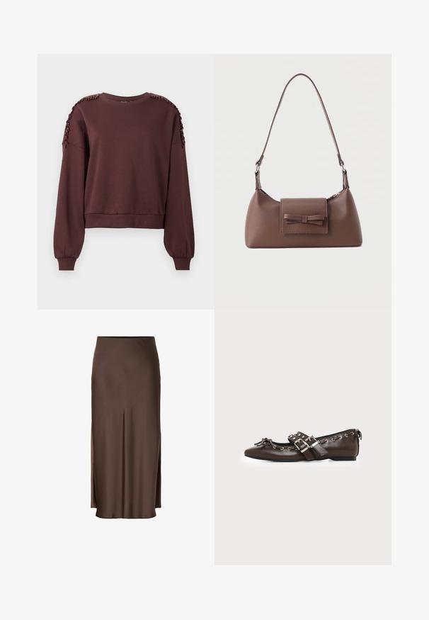 Bruine sweatshirt met lange mouwen, ronde hals en tekstuurdecoratie op de schouders. Ribgebreide manchetten en zoom. Zacht materiaal.; Bruine satijnen rok met een rechte pasvorm, voorzien van zijsplitten voor een gemakkelijke bewegingsvrijheid en een gladde textuur in de stof.; Donkerbruine leren platte schoen met puntige neus, dubbele zilveren gespsluitingen, metalen klinknagels en een decoratief strikje aan de voorkant.; Bruine leren schoudertas met een voorvak met klep en een gestikte strikdetail en een verstelbare band.