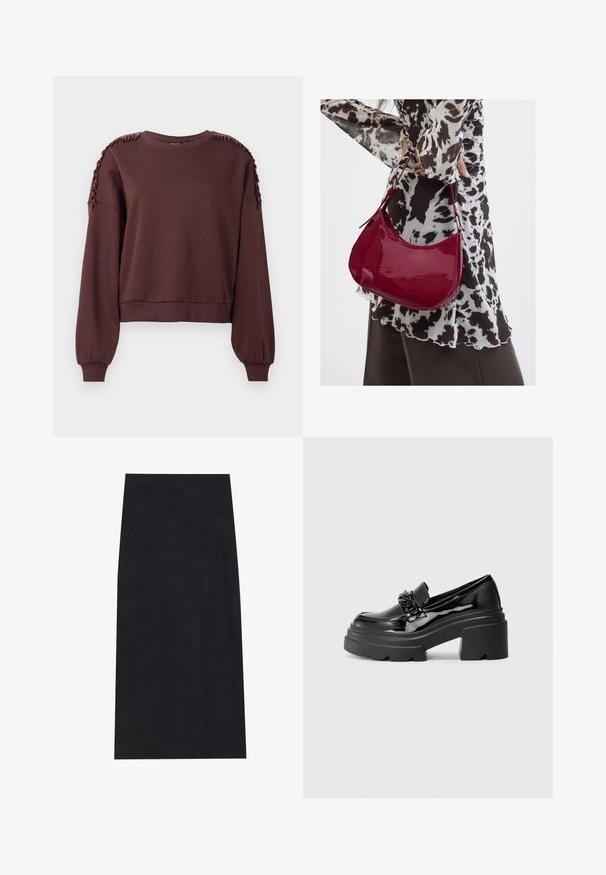 Brown sweatshirt with long sleeves, round neckline, and textured decoration on shoulders. Ribbed cuffs and hem. Soft fabric.; Black midi skirt made from soft, stretchy fabric. Features a straight silhouette and an elastic waistband for a comfortable fit.; Black patent leather loafers with a chunky black platform sole, featuring a decorative chain accent on the front. Smooth texture, rounded toe.; Woman wearing a black and white patterned blouse holding a glossy red shoulder handbag against a plain background.