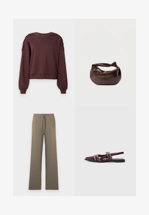 Sweatshirt marron à manches longues, col rond et décoration texturée aux épaules. Poignets et ourlet côtelés. Tissu doux.; Pantalons larges en vert olive, fabriqués en tissu doux, dotés d'une taille élastique avec cordon de serrage et sans poches visibles.; Chaussure plate slingback en cuir verni bordeaux avec un bout pointu, présentant des lanières décoratives avec des accents métalliques.; Sac bandoulière en cuir marron foncé avec une forme souple et décontractée et une anse nouée torsadée sur un fond blanc uni.