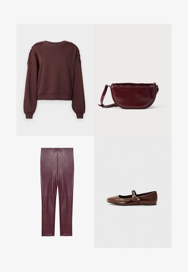 Brun sweatshirt med lange ærmer, rund halsudskæring og tekstureret dekoration på skuldrene. Ribbet manchetter og kant. Blødt stof.; Bordeaux faux læder leggings med en glat tekstur, høj talje og tætsiddende design, der strækker sig til anklerne uden yderligere detaljer.; Brun patentlæder balletflade med firkantet tå og strop med en lille guldbuckle. Glat tekstur, lav hæl og minimalistisk design.; Vinrød læderhåndtaske med halvmåneform, lynlås og aftagelig rem. Glat tekstur med en subtil glans.