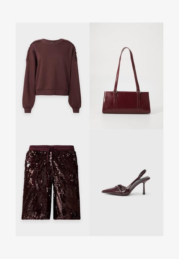 Sweatshirt marron à manches longues, col rond et décoration texturée aux épaules. Poignets et ourlet côtelés. Tissu doux.; Shorts en sequins bordeaux avec une taille élastique et un cordon de serrage ajustable. Présentent une surface brillante et texturée avec des sequins réfléchissants.; Escarpin slingback en cuir verni bordeaux avec bout pointu, fine bride à la cheville et petit détail décoratif de boucle. Texture lisse et talon haut.; Sac à main bordeaux en matériau brillant, de forme rectangulaire, avec deux anses et des accents légèrement courbés à l'avant.