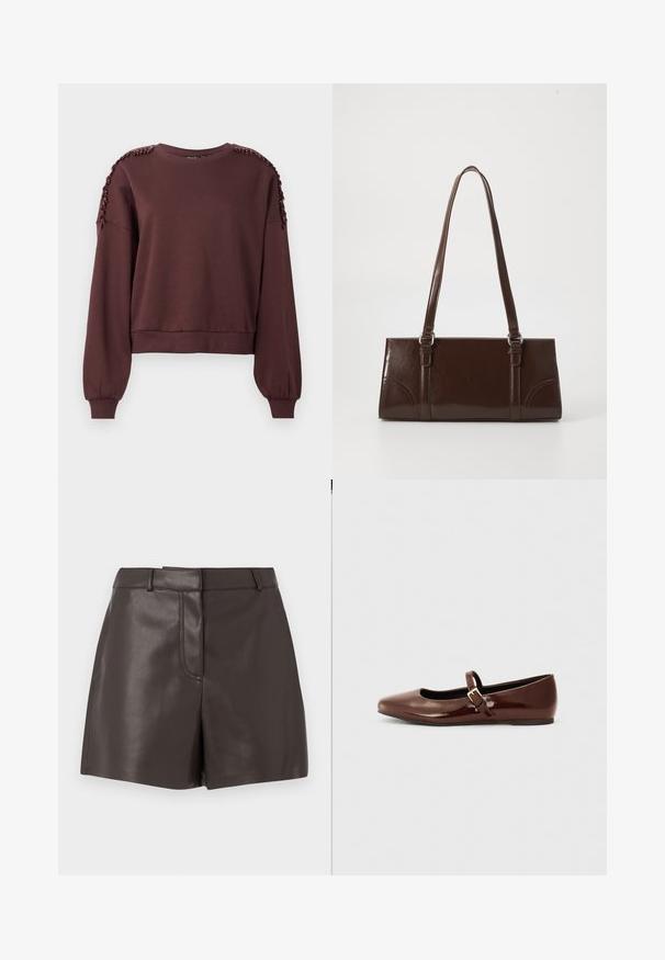 Sweatshirt marron à manches longues, col rond et décoration texturée aux épaules. Poignets et ourlet côtelés. Tissu doux.; Shorts en cuir marron avec une texture lisse, dotés d'une couture à l'avant, de passants de ceinture et de deux poches latérales. Conçus pour une silhouette ajustée.; Ballerine en cuir verni marron avec un bout carré et une lanière ornée d'une petite boucle dorée. Texture lisse, talon bas et design minimaliste.; Sac à main en cuir verni marron de forme rectangulaire, avec deux longues poignées et des accents courbés subtils à l'avant.