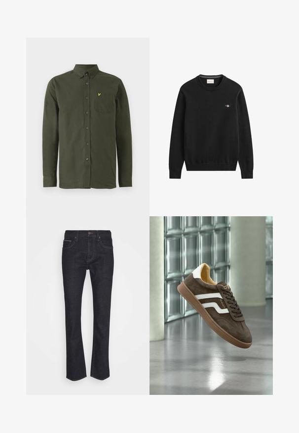 Sort crewneck-trøje lavet af strikket stof, med et lille broderet logo på brystet. Manchetterne og kanten er ribstrikkede for en tætsiddende pasform.; Mørkegrøn langærmet skjorte med knaplukning, knap-down krave, brystlomme og lille gul broderet fuglelogo på lommen.; Mørkeblå denim jeans med lige ben-design. Funktioner inkluderer en knaplukning, bæltestropper og klassisk fem-lomme-stil.; Brun ruskind sneaker med hvide sidelister og en gummisål, vist svævende indendørs på en poleret betongulv nær glassten.