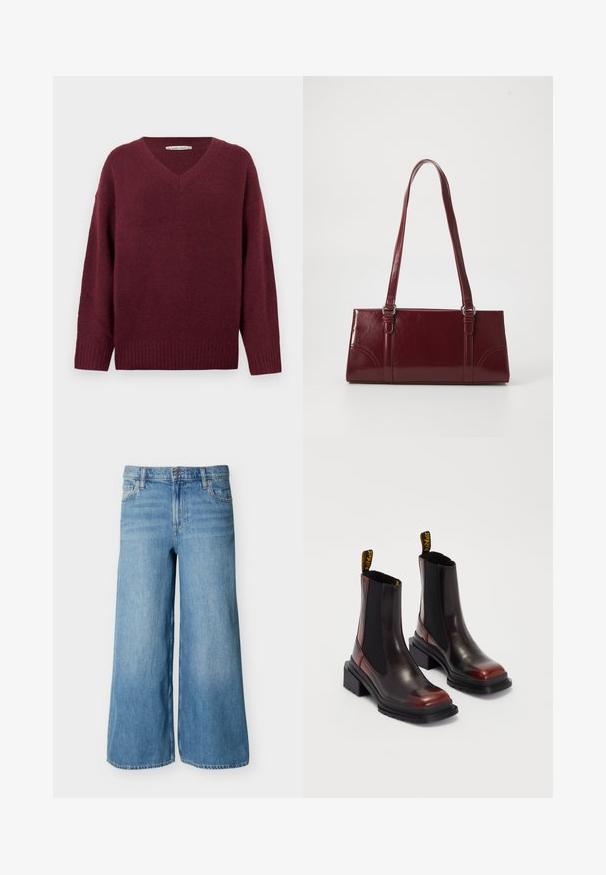 Weinroter V-Ausschnitt-Pullover aus weichem, strukturiertem Material mit weiten Ärmeln und geripptem Saum. Einfaches, klassisches Design ohne Verzierungen.; Hellblaue, weit geschnittene Jeans aus Denim mit vorderer Knopfleiste, Reißverschluss, Gürtelschlaufen und Taschen, präsentiert vor einem schlichten Hintergrund.; Dr. Martens MAYBOLE CHELSEA - Plateaustiefelette - black/cherry red; Burgunderfarbene Handtasche aus glänzendem Material, rechteckige Form, mit zwei Schulterriemen und subtilen, geschwungenen Akzenten an der Vorderseite.