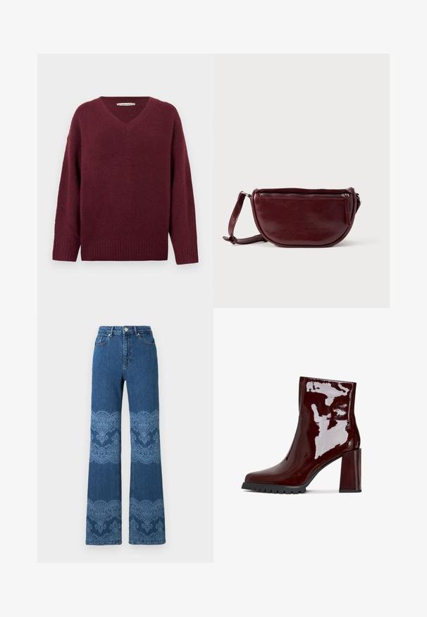 Bordeauxrode v-hals trui gemaakt van een zachte, gestructureerde stof met brede mouwen en een geribde zoom. Eenvoudig, klassiek ontwerp zonder versieringen.; Blauwe high-waisted rechte jeans met lichtblauwe bloem- en kantachtige patronen op de dijen en kuiten, voorzakken en knopen aan de voorkant.; Glanzende bordeaux enkelboot met een vierkante neus, chunky doorzichtige hak en gestructureerde zwarte zool. Vloeiend oppervlak met een hoge glansafwerking.; Dieprode lederen handtas met een halve-maansvorm, een ritssluiting en een afneembare riem. Gladde textuur met een subtiele glans.