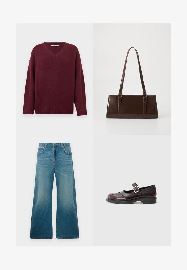 Vinrød v-hals trøje lavet af blødt, tekstureret materiale med vide ærmer og ribbet kant. Enkel, klassisk design uden pynt.; Højtaljede blå denimjeans med brede ben, frontlommer, knaplukning og en falmet farvegradient fra talje til kant.; Mary Jane-sko i mørk burgunder laklæder, med perforerede detaljer og en spænde-strop. Lav blokhælk, rund tå.; Brun lakeret håndtaske med rektangulær form, to lange håndtag og subtile buede detaljer på fronten.