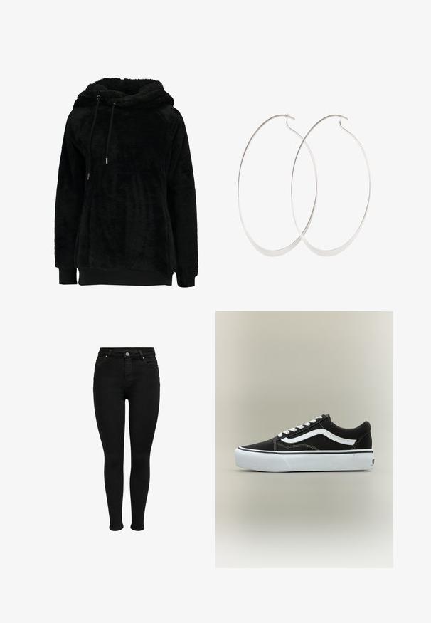 Sweat à capuche noir en polaire, avec capuche, cordons de serrage, manches raglan et un ourlet légèrement plus long à l'arrière. Tissu doux et texturé.; Jean skinny noir taille haute avec bouton à l'avant, passants de ceinture et design à cinq poches, présenté sur fond blanc.; Baskets basses noires avec bande blanche latérale, lacets blancs, semelle en caoutchouc blanche et bout texturé sur fond neutre.; Boucles d'oreilles en argent avec un design fin et lisse ; forme ovale allongée ; finition polie ; présente un fermoir à crochet sécurisé.