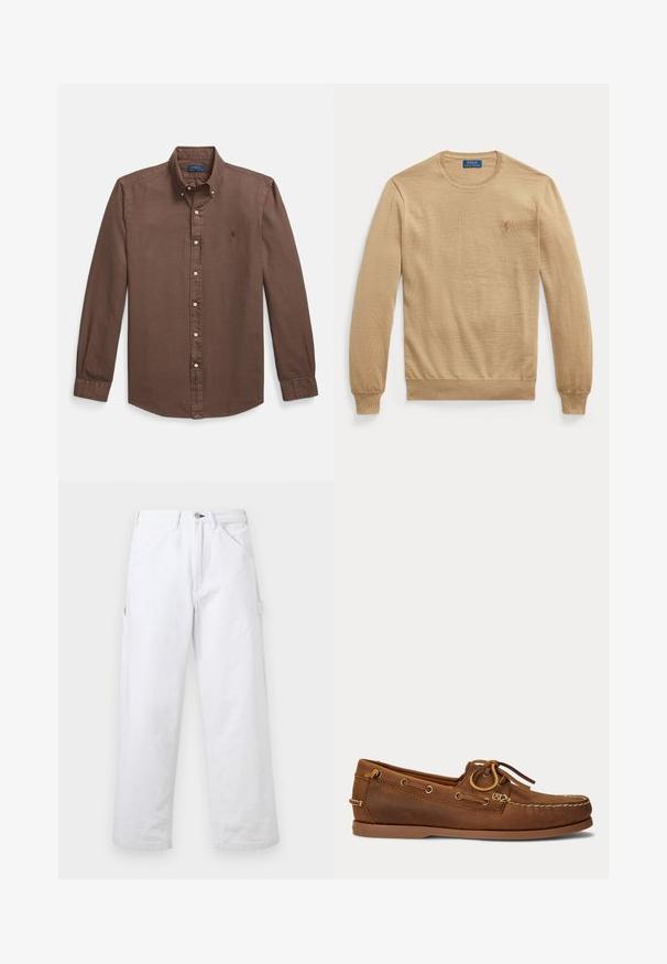 Beige trui met lange mouwen en ronde hals, met geribde manchetten en zoom, met een klein geborduurd logo op de linkerborst.; Bruine overhemd met knopen, voorzien van een puntige kraag, lange mouwen, witte knopen en een klein geborduurd logo op de borst. Gemaakt van glad katoen.; Witte, rechte broek met hoge taille, riemlussen, voorzakken, knoopsluiting en een zijvak met een handig extra vak, tegen een effen achtergrond.; Bruine leren bootschoen met mocassinnaad, veterdetail doorgedreven door metalen oogjes en een platte rubberen zool, gezien van opzij.