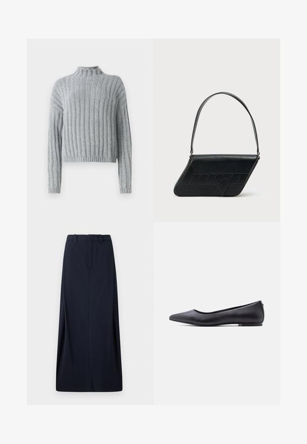 Lys grå chunky strikket sweater med ribbet mønster, høj hals, lange ærmer og en lidt cropped pasform.; Mørkeblå lang nederdel lavet af vævet stof, med lige snit, bæltesløjfer og en skjult lynlås. Rene linjer og minimalistisk design.; Sort flad lædersko med spidst tåparti og lav hæl, vist i sideprofil mod en hvid baggrund.; Sort skuldertaske i læder med trekantet form, præget logo og en enkelt justerbar rem. Minimalistisk design med glat tekstur.