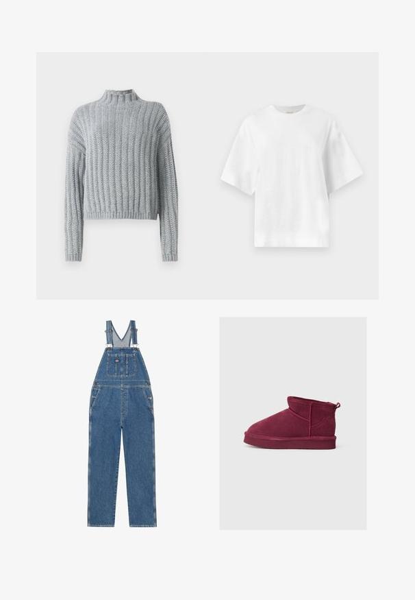 Lys grå chunky strikket sweater med ribbet mønster, høj hals, lange ærmer og en lidt cropped pasform.; Plain hvid oversized T-shirt med korte ærmer og rund halsudskæring, vist fladt mod en lys grå baggrund.; Denim overalls med justerbare stropper, V-formet brystlomme, frontlomme og sidelommer. Har en klassisk blå farve og kontrastsyninger.; Bordeaux ruskindankelstøvler med rund tå, kort krave og bageste trækflik, med syninger og flad sål.