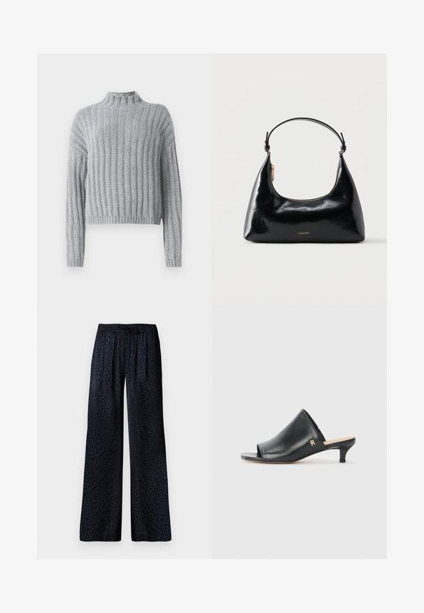 Pull en tricot épais gris clair avec un motif en côtes, col montant, manches longues et une coupe légèrement cropped.; Pantalons larges en tissu foncé avec un motif léopard noir discret, une taille élastique et une coupe confortable.; Mules ouverts en cuir noir avec un talon bas. Présentent une surface lisse et un accent logo doré sur le côté.; Sac à main Calvin Klein noir brillant avec fermeture éclair dorée et anse courte sur fond blanc uni.