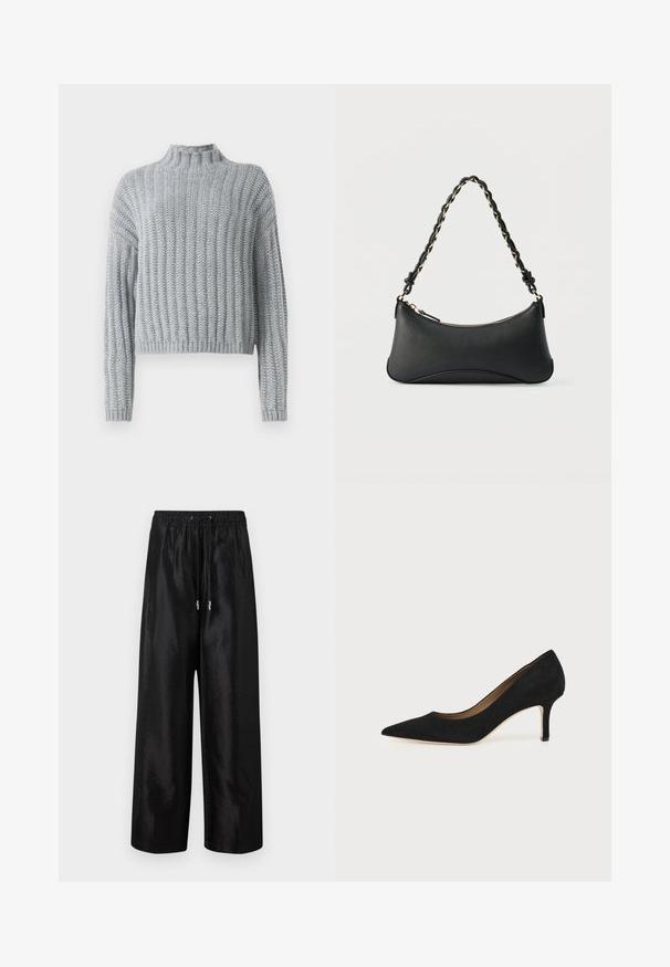 Pull en tricot épais gris clair avec un motif en côtes, col montant, manches longues et une coupe légèrement cropped.; Pantalons larges noirs en tissu brillant avec une taille élastique et un cordon de serrage, ornés d'accents en métal argenté.; Escarpin en daim noir à bout pointu avec un talon stiletto fin de hauteur moyenne et un design à coupe basse sur un fond uni.; Sac à bandoulière en cuir noir de forme rectangulaire incurvée, avec une chaîne dorée tissée dans la bandoulière noire tressée et une fermeture éclair sur le dessus.