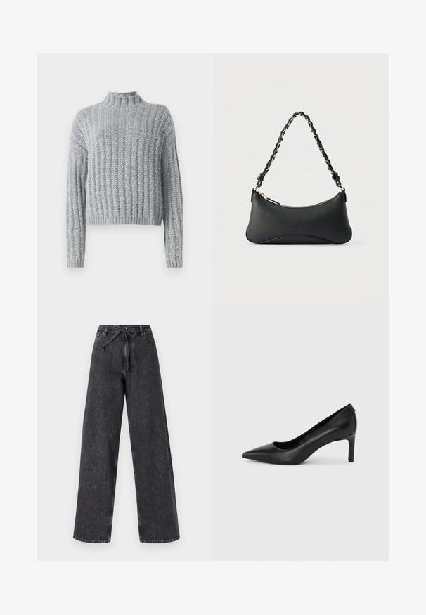 Lichtgrijze chunky gebreide trui met geribd patroon, hoge hals, lange mouwen en een iets cropped pasvorm.; Hoge taille, wijde pijp zwarte denim jeans met een trekkoordsluiting. Heeft een vervaagde textuur en subtiele stikseldetails.; Zwarte leren pumps met een spits toelopende neus en een slanke, middelhoog hak, afgebeeld tegen een effen lichtgrijze achtergrond.; Zwarte lederen schoudertas met een gebogen rechthoekige vorm, gouden ketting verweven in een gevlochten zwarte band, en een ritssluiting bovenop.