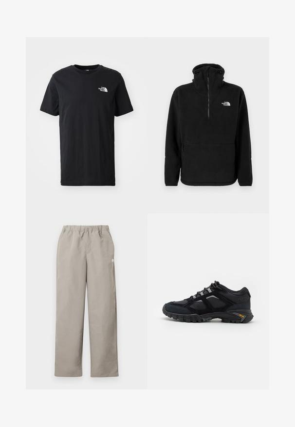 Zwarte fleece pullover met hoge kraag, halve rits aan de voorkant, zijzakken en wit "The North Face" logo op de linkerborst.; Zwart katoenen T-shirt met korte mouwen, ronde hals, met een klein wit logo op de linkerkant van de borst. Zachte textuur, casual pasvorm.; Beige rechte broek met elastische tailleband en een klein wit logo op het rechter zijnnaad.; Zwarte buitenschoen van suede en mesh met een robuuste zool. Voorzien van grijze accenten en Vibram-logo op de zijkant. Vetersluiting.