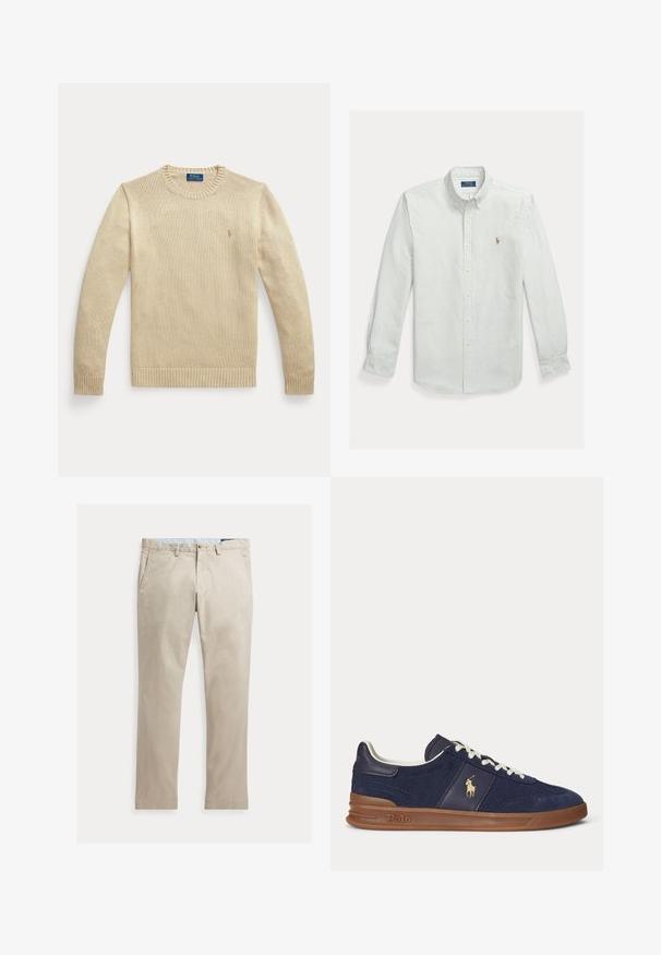 Beige langærmet striktrøje med rund hals, ribstrikkede manchetter og kant, med en lille broderet Polo Ralph Lauren-logo på brystet.; Lysegrøn og hvid stribet skjorte med knapper i bomuld, med klassisk krave og lille broderet logo på brystet.; Beige bomuldsbukser med lige ben, forlommer, bæltestropper, knaplukning og lynlås, lagt fladt på en hvid baggrund.; Mørkeblå lavtopsneaker med hvide snørebånd, brun sål og Polo-spiller logo på siden, set fra venstre.