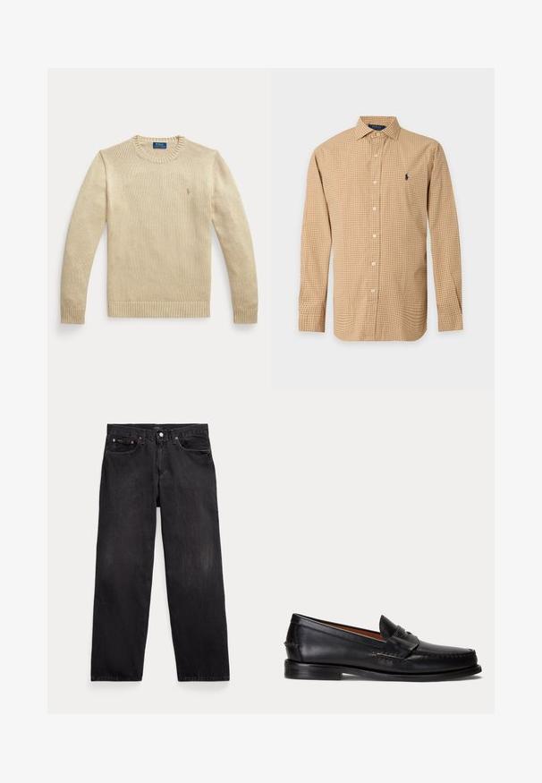 Jersey beige de punto con mangas largas y cuello redondo, puños y bajo acanalados, con un pequeño logo bordado de Polo Ralph Lauren en el pecho.; Camisa de hombre beige a cuadros con mangas largas, botones, cuello y pequeño logo oscuro en el pecho izquierdo sobre fondo blanco.; Vaqueros negros de corte recto con cinco bolsillos, cierre de botón y remaches metálicos visibles en los bolsillos delanteros.; Mocasín negro de cuero con tacón bajo y detalle de correa para moneda, mostrado de lado sobre un fondo gris claro.