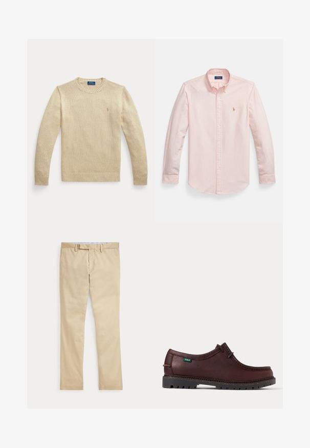 Beež pika varrukaga kootud kampsun ümara kaelusega, soonikkoes mansettide ja äärega, millel on rinnal väike tikitud Polo Ralph Laureni logo.; Õrnade triipudega, pehme kangaga, pika varruka ja nööpidega särk, millel on klassikaline krae ja väike tikitud logo rinnal.; Beeži sirgete säärega püksid vööaasade ja ees oleva tõmblukuga, laotatud tasaselt valgele taustale.; Tumepruun nahast mokasiinstiilis jalanõu musta tugevdatud tallaga ja rohelise Polo logoga sildiga küljes, näidatud külgvaates.