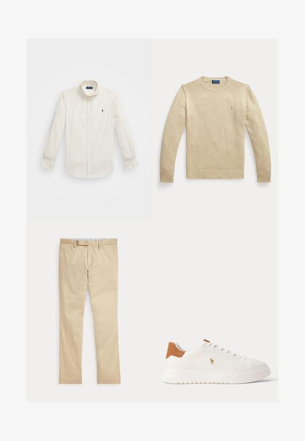 Béžový pletený sveter s dlhým rukávom, guľatým výstrihom, rebrovanými manžetami a lemom, s malým vyšívaným logom Polo Ralph Lauren na hrudi.; Biela dlhá košeľa s dlhým rukávom vyrobená z bavlny, s golierom na gombíky, jednou náprsní kapsou a malým námorným logom na ľavej strane.; Béžové nohavice s rovnými nohavicami, s pútkami na opasok a predným zipsom, položené na bielom pozadí.; Biely nízky teniska s béžovou pätovou záložkou, bielymi šnúrkami a malým vyšívaným logom hráča póla na boku nad tlustou podrážkou.