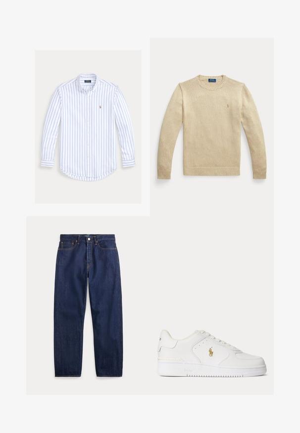 Béžový pletený sveter s dlhým rukávom, guľatým výstrihom, rebrovanými manžetami a lemom, s malým vyšívaným logom Polo Ralph Lauren na hrudi.; Košeľa s dlhým rukávom na gombíky, s bledomodrými zvislými pruhmi a malým vyšívaným logom na ľavej strane hrude.; Tmavomodré riflové nohavice s priamymi nohavicami, piatimi vreckami, zapínaním na gombíky a viditeľným šitím.; Biele kožené nízke tenisky s bielymi šnúrkami a zlatým logom Polo Ralph Lauren na boku a "Polo" vyrazeným na podrážke.