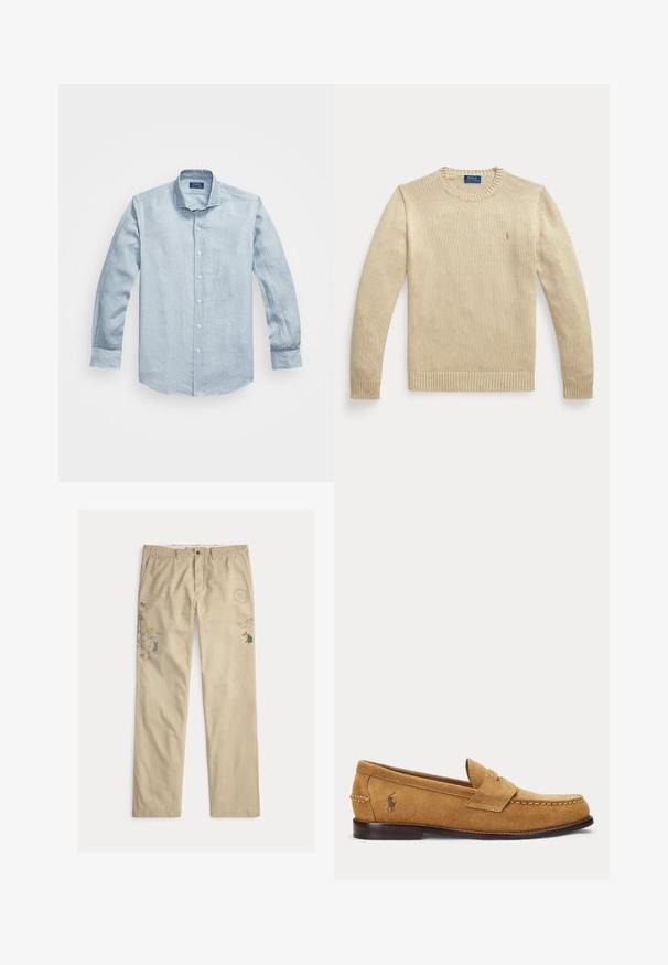 Beige langærmet striktrøje med rund hals, ribstrikkede manchetter og kant, med en lille broderet Polo Ralph Lauren-logo på brystet.; Lyseblå skjorte med knapper i et struktureret mønster, lange ærmer og klassisk krave. Hvide knapper og rundet kant. Fremstillet af en blanding af bomuldsstof.; Beige bomuldsbukser med broderede motiver, herunder træer og bjerge, med knaplukning og bæltestropper.; Lysebrun ruskind loafer med syede detaljer og lille broderet hestelogo på siden, med lav træhæl og slip-on design.