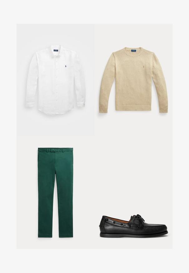 Beež pika varrukaga kootud kampsun ümara kaelusega, soonikkoes mansettide ja äärega, millel on rinnal väike tikitud Polo Ralph Laureni logo.; Valge pikavarrukaga puuvillane särk, millel on nööpidega kaelus, vasakul rinnal väike tumesinine logo ja klassikaline nööpide sulgemine.; Tumedrohelised sirge lõikega püksid vöökandurite, küljetaskute ja ees oleva tõmblukuga, taust moonutamata hele.; Mustast nahast mokkassiin paeltega ja madala kummist tallaga, näht külje pealt heledal taustal.