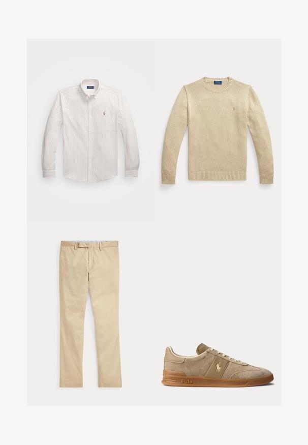 Béžový pletený sveter s dlhým rukávom, guľatým výstrihom, rebrovanými manžetami a lemom, s malým vyšívaným logom Polo Ralph Lauren na hrudi.; Biela košeľa na gombíky s tenkými vertikálnymi pruhmi v svetlej béžovej farbe. Má klasický golier, dlhé rukávy a malé vyšívané logo na hrudi.; Béžové nohavice s rovnými nohavicami, s pútkami na opasok a predným zipsom, položené na bielom pozadí.; Béžové nízke tenisky z brúseného semišu a kože s gumovou podrážkou, bielymi šnúrkami a logom Polo na boku a na podrážke.