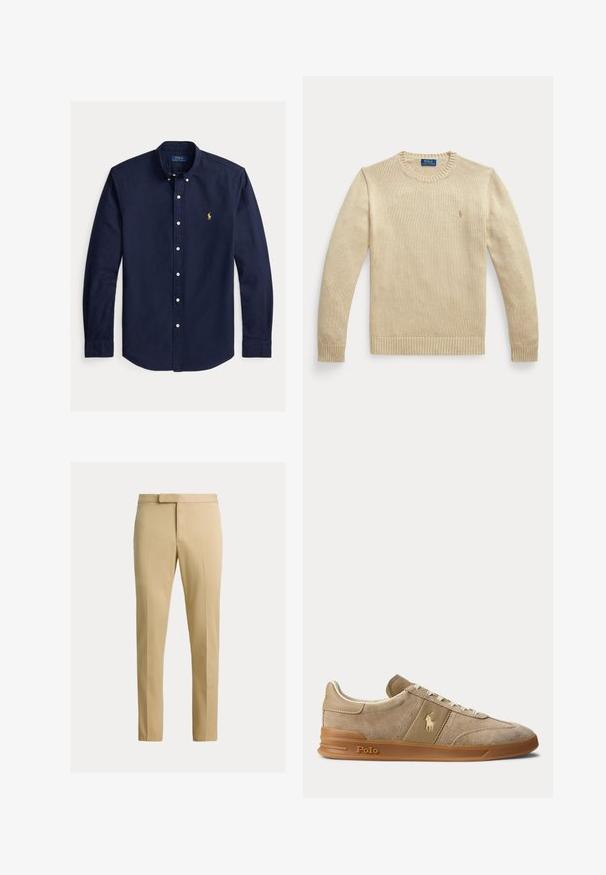 Beige langærmet striktrøje med rund hals, ribstrikkede manchetter og kant, med en lille broderet Polo Ralph Lauren-logo på brystet.; Mørkeblå skjorte med lange ærmer, knapper foran, knappede kraver og lille gul Polo Ralph Lauren logo på venstre bryst.; Beige tætsiddende bukser med frontbøjle, bæltestropper og skjult frontlukning på en ensfarvet lys baggrund.; Beige ruskind og læder lav-top sneaker med gummisål, hvide snørebånd og Polo-logo på siden og sålen.