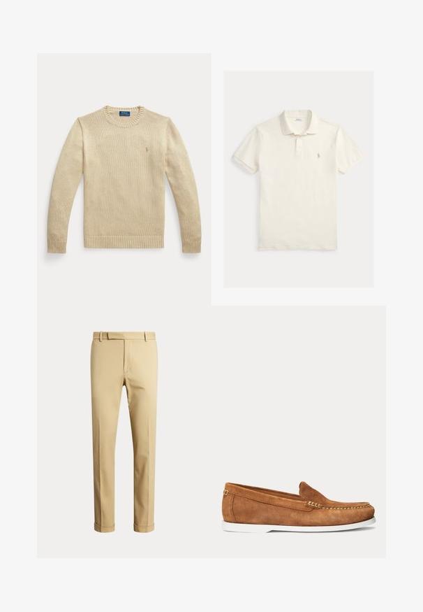 Béžový pletený sveter s dlhým rukávom, guľatým výstrihom, rebrovanými manžetami a lemom, s malým vyšívaným logom Polo Ralph Lauren na hrudi.; Biele polo tričko s krátkym rukávom, golierom, rozopínaním na tri gombíky a malým vyšívaným logom na ľavej strane hrude.; Pánske béžové nohavice na mieru s pútkami na opasok a manžetami, zobrazené na jednoduchom svetlom pozadí.; Hnedý semišový mokasín s bielou podrážkou a béžovým prešitím pozdĺž špičky a vrchnej hrany, zobrazený z boku na jednoliatej pozadí.