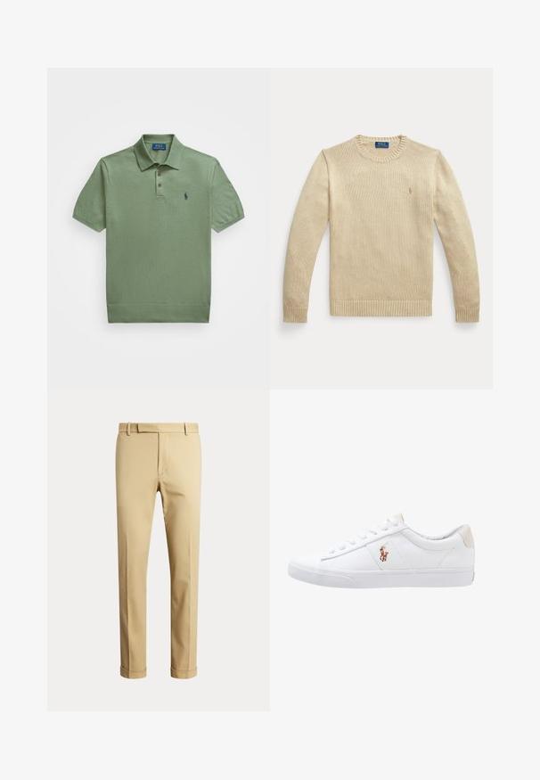 Béžový pletený sveter s dlhým rukávom, guľatým výstrihom, rebrovanými manžetami a lemom, s malým vyšívaným logom Polo Ralph Lauren na hrudi.; Olivovo zelená polo košeľa z texturovanej látky. Má trojité zapínanie na gombíky a malé námornícke logo na ľavej strane hrudníka. Krátke rukávy.; Béžové nohavice s rovnými nohavicami, pútkami na opasok, predným zipsom a ohrnutými lemami, zobrazené na jednofarebnom svetlom pozadí.; Biele plátenné tenisky s nízkym strihom, ktoré majú béžový opasok na päte a malé vyšívané logo na boku. Gumová podrážka.
