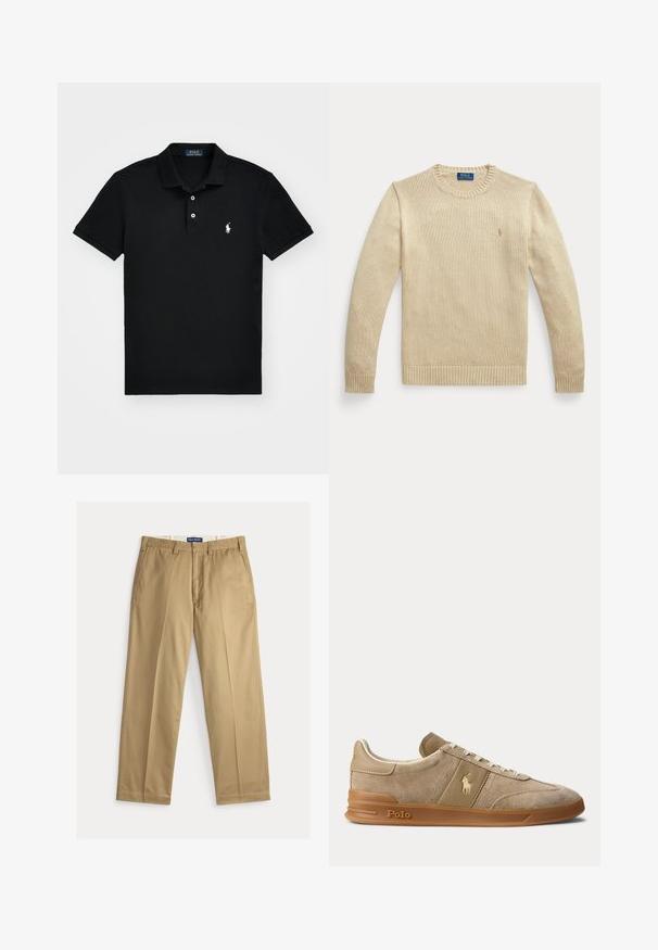 Béžový pletený sveter s dlhým rukávom, guľatým výstrihom, rebrovanými manžetami a lemom, s malým vyšívaným logom Polo Ralph Lauren na hrudi.; Čierna polokošeľa vyrobená z bavlny, s klasickým golierom, zapínaním na tri gombíky, krátkymi rukávmi a bielym logom na ľavej strane hrude.; Béžové chino nohavice z bavlnenej tkaniny. Strih s rovnými nohavicami, s hladkým predným dielom, dvomi bočnými vreckami a pásom so zapínaním na gombík.; Béžové nízke tenisky z brúseného semišu a kože s gumovou podrážkou, bielymi šnúrkami a logom Polo na boku a na podrážke.