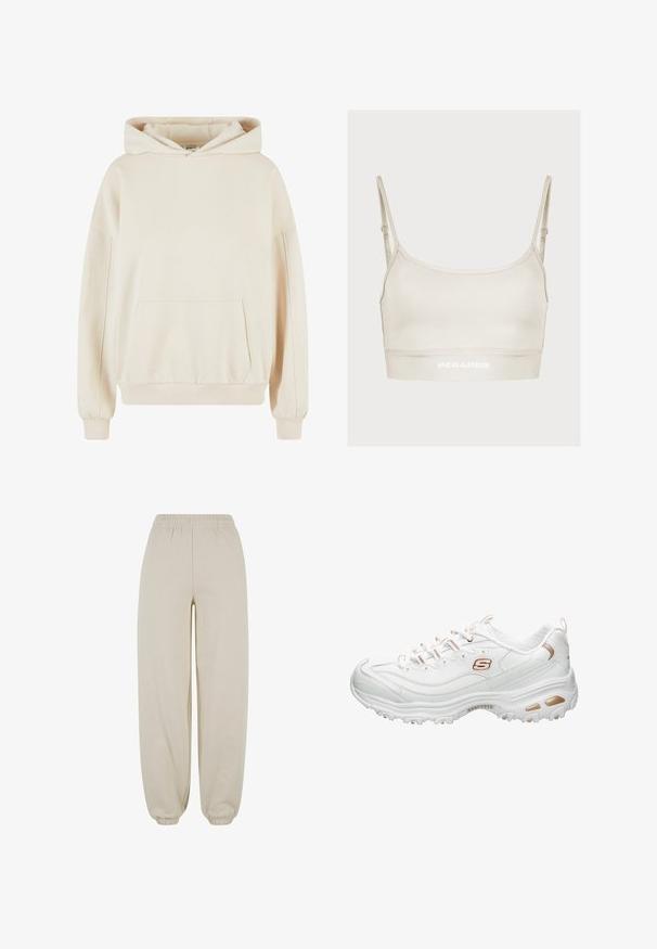 Sudadera beige claro hecha de una suave mezcla de algodón, con un bolsillo frontal, puños acanalados y una capucha espaciosa para mayor comodidad.; Sostén deportivo beige claro con tirantes finos, diseño ajustado y un logotipo "PEGADOR" blanco en el dobladillo. Textura suave y estilo minimalista.; Pantalones casuales beige con cintura y puños elásticos, caracterizados por un ajuste holgado y una textura de tela suave.; Zapatilla deportiva blanca hecha de material sintético suave. Presenta detalles texturizados, adornos metálicos dorados, diseño con cordones y una suela acolchada.