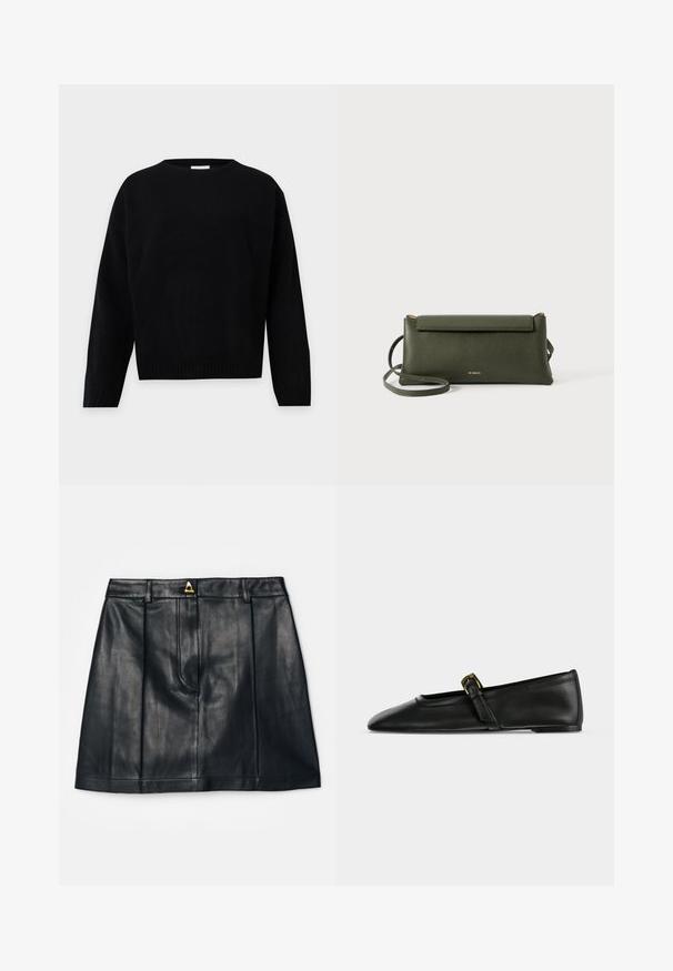 Jersey de punto negro de manga larga con puños, bajo y escote redondeado de canalé sobre un fondo liso y claro.; AERON RUDENS SKIRT - Falda acampanada - black; Zapato plano tipo Mary Jane de piel negra con punta afilada y una fina tira con una pequeña hebilla dorada, mostrado de lado sobre un fondo liso.; Bolso cruzado de cuero texturizado en verde oscuro con cierre de solapa y correa delgada ajustable, grabado con el pequeño logo dorado "Bee Projects".