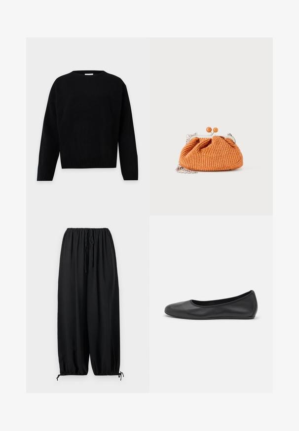 Black long-sleeve knit sweater with ribbed cuffs, hem, and a round neckline on a plain light background.; Loose black pants with elastic waistband and drawstrings at waist and ankles on plain background.; Black leather ballet flat with a rounded toe, smooth texture, minimal stitching detail, and a flexible sole design.; Small orange woven clutch purse with silver metal frame, round clasp, and a silver chain strap on a white background.