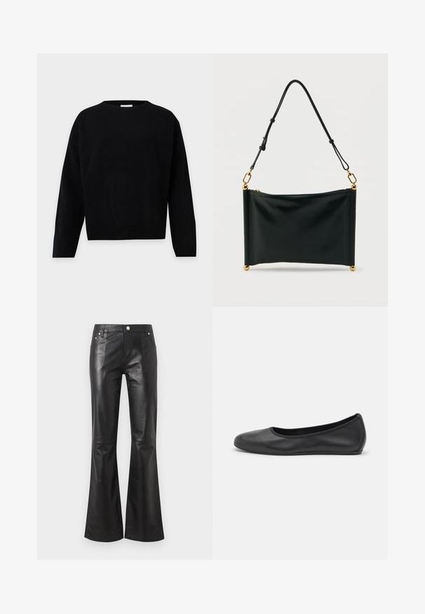 Pull en maille noir à manches longues avec poignets, ourlet côtelé et un col rond sur un fond clair uni.; Pantalon taille haute en simili cuir noir avec jambes évasées, fermeture devant par bouton et fermeture éclair, poches devant et derrière.; Ballerines en cuir noir avec un bout rond, texture lisse, détails de couture minimalistes et design de semelle flexible.; Sac à main rectangulaire en cuir noir avec bandoulière ajustable, ferrures dorées et fermeture éclair, posé verticalement sur un fond blanc.
