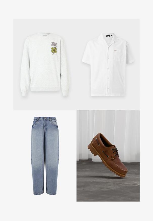 Grijze trui gemaakt van gestructureerde stof, met een ronde hals, lange mouwen, en een groene vierbladige klaver graphic en tekstontwerp op de borst.; Witte korte mouwen shirt van gladde stof; heeft een puntige kraag, knoopsluiting en een linkerkant borstzak met logo detail.; Blauwe high-waisted, loszittende denim jeans met voorzakken, riemlussen, knoopsluiting en vervaagde details langs de benen.; Bruine leren bootschoen met zwarte veters, beige stiksel en een robuuste zool, zwevend boven een grijze betonnen vloer.