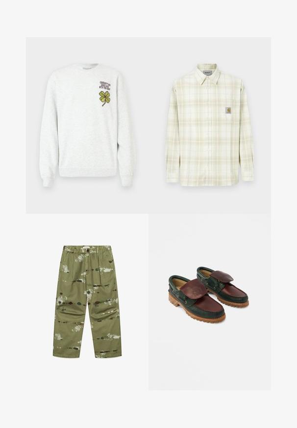 Gray sweatshirt made of textured fabric, featuring a round neck, long sleeves, with green four-leaf clover graphic and text design on chest.; Light-colored plaid shirt featuring long sleeves, button-up front, and a chest pocket with a logo patch. Cotton material with a soft texture.; Green canvas trousers featuring a paint splatter pattern in white, brown, and dark green, with an elastic waistband and side pockets.; Leather shoes featuring a dark green body with a burgundy top, round toe, secured flap, and textured rubber sole with ridges.