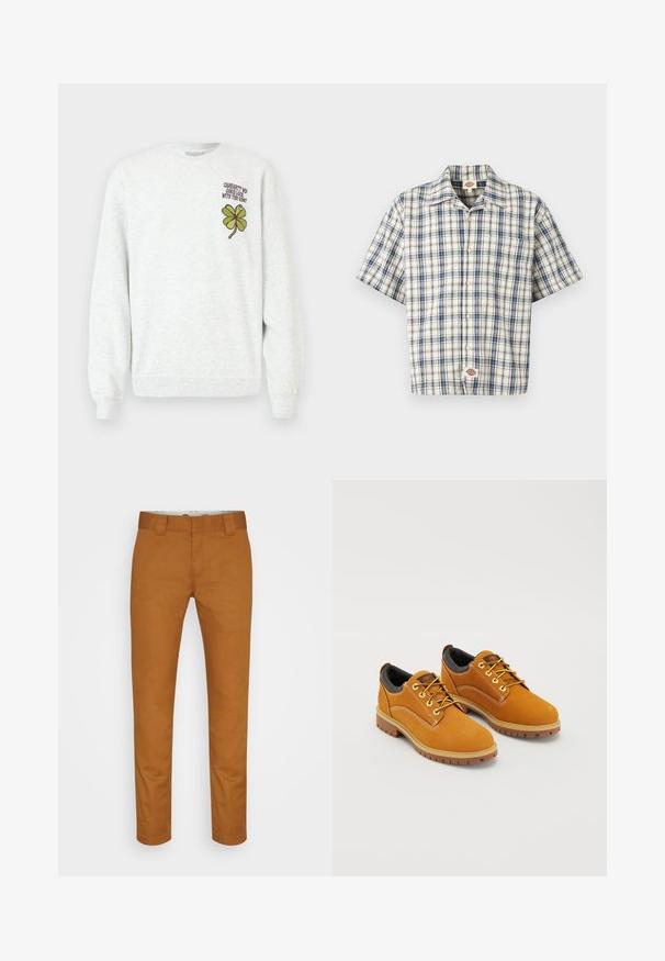 Sudadera gris de tela texturizada, con cuello redondo, mangas largas, y un diseño gráfico de trébol de cuatro hojas verde acompañado de texto en el pecho.; Camisa de manga corta, abotonada, con patrón de cuadros azul y negro y un bolsillo en el pecho, extendida sobre un fondo blanco.; Pantalones de algodón marrones con corte recto, bolsillos frontales y una textura limpia y suave. Presentan trabillas para cinturón y detalles de costura discretos.; Zapatos de ante marrón con punta redonda, cordones amarillos, un collar acolchado negro y suelas de goma con surcos de tracción.