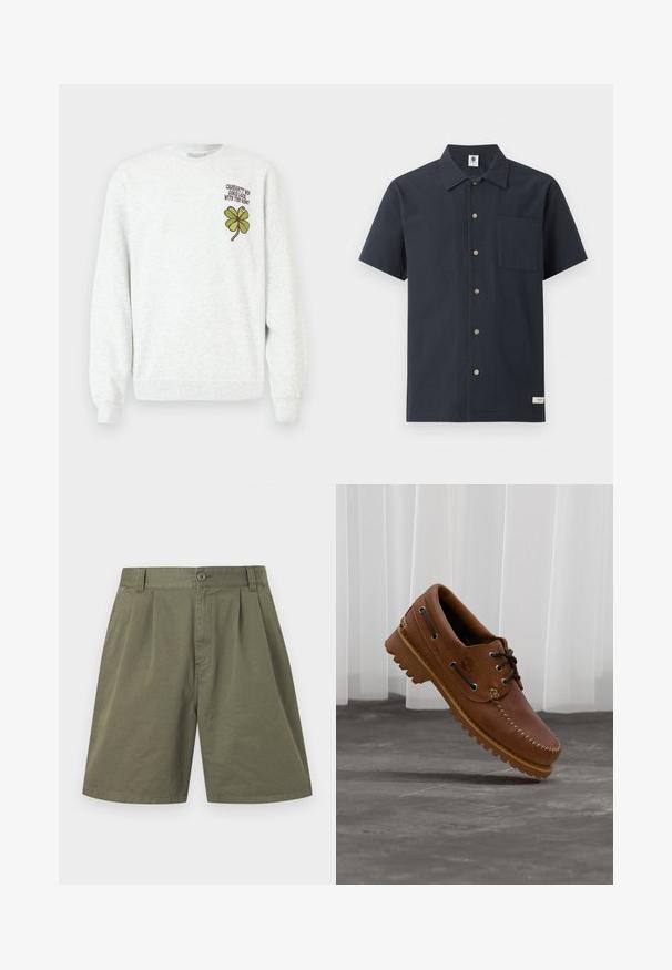 Sweat-shirt gris en tissu texturé, doté d'un col rond, de manches longues, avec un motif graphique de trèfle à quatre feuilles vert et un texte sur la poitrine.; Chemise bleu marine à manches courtes avec boutons, poche poitrine à l'avant et petite étiquette blanche en tissu près de l'ourlet sur fond blanc.; Shorts en coton vert olive jusqu'aux genoux avec plis sur le devant, passants pour ceinture, poches latérales, fermeture à bouton et braguette zippée.; Chaussure de bateau en cuir marron avec des lacets noirs, des coutures beiges et une semelle robuste, suspendue au-dessus d'un sol en béton gris.
