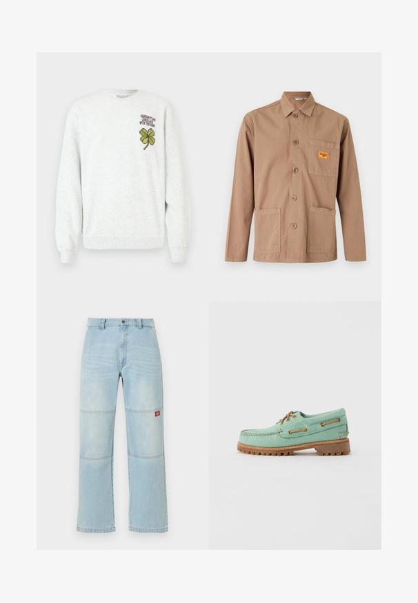 Grå sweatshirt lavet af tekstureret stof med rund halsudskæring, lange ærmer samt et grønt firekløver-grafisk motiv og tekstdesign på brystet.; Langærmet beige jakke med knapper, krave, tre forlommer og lille orange mærke på brystlommen.; Lyseblå viddebenjeans med knæpaneldetaljer og et lille rødt rektangulært logopatch på det højre lår.; Lysegrøn læder bådsko med brune snørebånd og øjer, med en tyk tekstureret gummisål og syningsdetaljer langs kanterne.