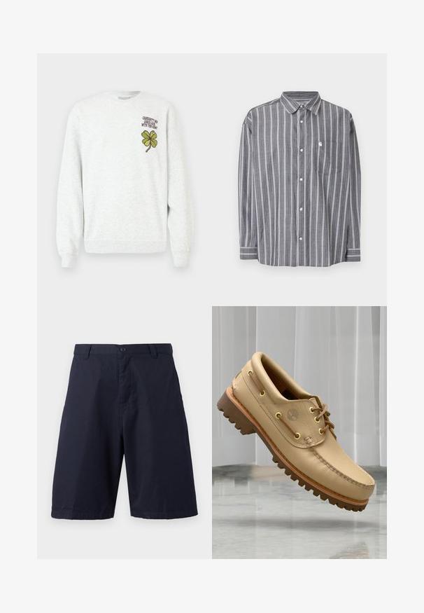 Sweat-shirt gris en tissu texturé, doté d'un col rond, de manches longues, avec un motif graphique de trèfle à quatre feuilles vert et un texte sur la poitrine.; Chemise grise à manches longues avec des rayures blanches verticales, boutonnée à l'avant, poche poitrine et col classique, étalée à plat sur fond blanc.; Short bleu marine longueur genou avec fermeture par bouton, passants de ceinture et jambes droites sur fond blanc uni.; Chaussure bateau en cuir marron clair avec semelle épaisse et striée et détails de lacets, flottant au-dessus d'un sol en marbre et d'un fond de stores verticaux blancs.