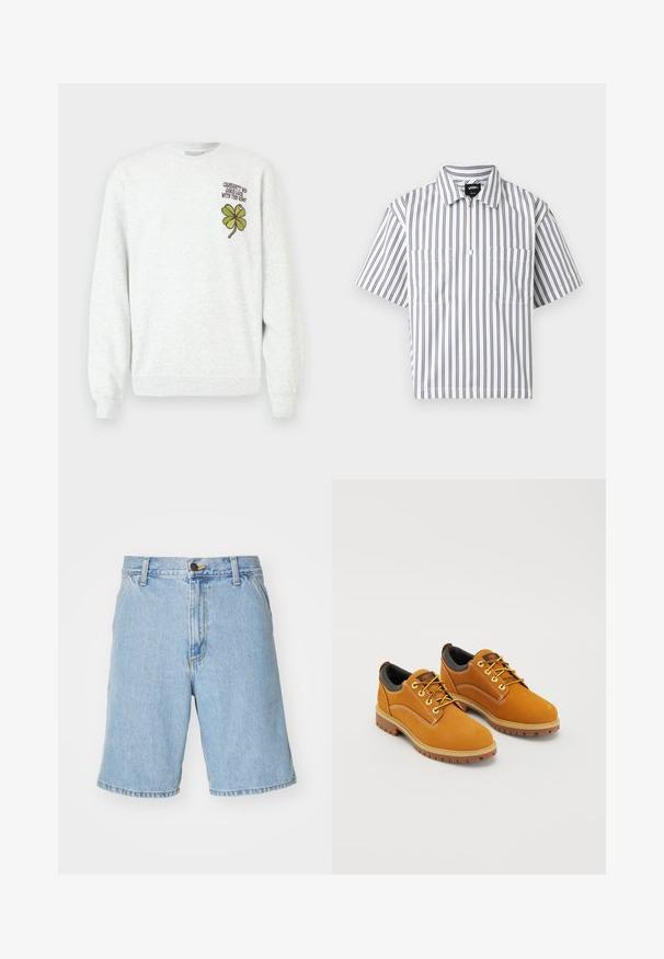 Grå sweatshirt lavet af tekstureret stof med rund halsudskæring, lange ærmer samt et grønt firekløver-grafisk motiv og tekstdesign på brystet.; Hvid kortærmet skjorte med lodrette grå striber, lynlås foran, to brystlommer og en opslået krave, vist på en hvid baggrund.; Lysblå denim shorts med en afslappet pasform, der har lynlås og knaplukning samt fire lommer. Stoffet har en glat tekstur.; Brune ruskindssko med rund tå, gule snørebånd, en polstret sort krave og gummisåler med skridsikre riller.