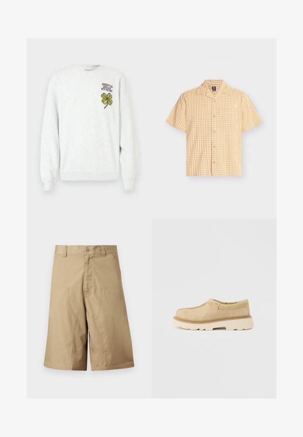 Sweat-shirt gris en tissu texturé, doté d'un col rond, de manches longues, avec un motif graphique de trèfle à quatre feuilles vert et un texte sur la poitrine.; Chemise beige à manches courtes avec un petit motif à grille rouge et une poche poitrine unique, posée à plat sur fond blanc.; Shorts kaki à coupe droite, confectionnés dans un tissu léger, dotés de deux poches avant et d'une fermeture par bouton à la taille.; Chaussure beige en daim à enfiler avec une semelle blanche épaisse et le logo UGG sur une languette latérale, présentée sur un fond gris clair uni.