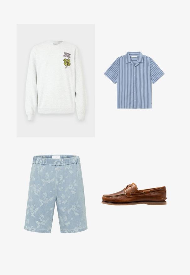 Grå sweatshirt lavet af tekstureret stof med rund halsudskæring, lange ærmer samt et grønt firekløver-grafisk motiv og tekstdesign på brystet.; Lyseblå kortærmet skjorte med knapper, mørke lodrette striber, spredt krave og brystlomme, lagt fladt på en hvid baggrund.; Lyseblå denimshorts med et diskret blomsterprint, elastisk talje og lige skæring. Ingen lommer synlige.; Brune læder bådsko med syede detaljer, der har metaløjer, en forhøjet søm på tåen og en flad gummisål.