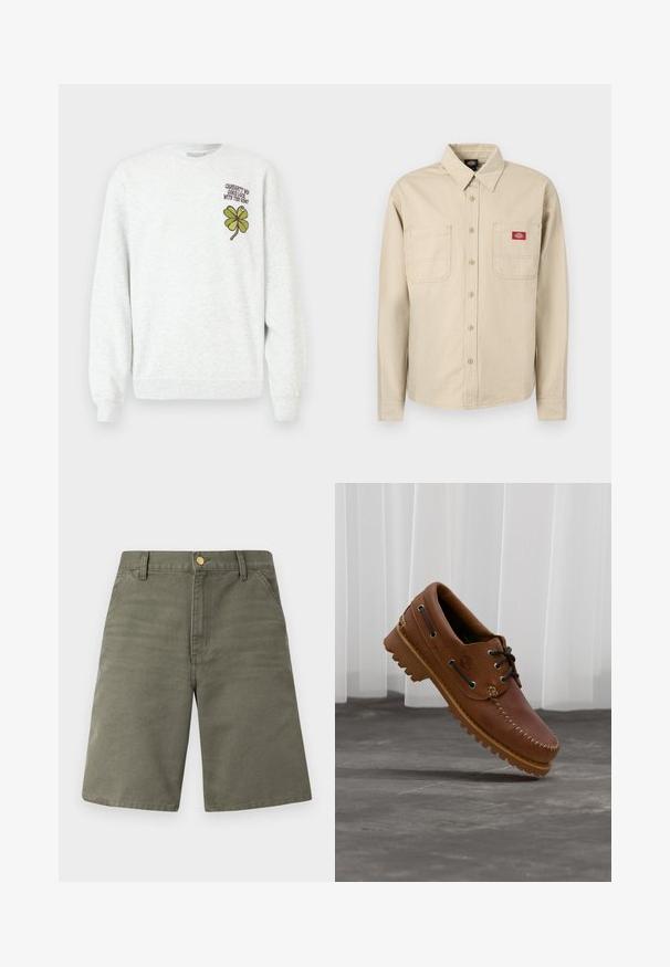 Sweat-shirt gris en tissu texturé, doté d'un col rond, de manches longues, avec un motif graphique de trèfle à quatre feuilles vert et un texte sur la poitrine.; Chemise à manches longues à rayures verticales beige et blanches, avec col, deux poches poitrine et un patch logo Dickies rouge sur la poche droite.; Shorts mi-longueur couleur vert olive avec poches avant, passants pour ceinture et fermeture par un bouton doré sur un fond clair uni.; Chaussure de bateau en cuir marron avec des lacets noirs, des coutures beiges et une semelle robuste, suspendue au-dessus d'un sol en béton gris.